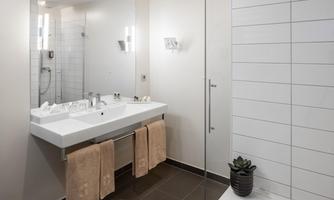 A modern bathroom with a large double sink and an elegant mirror. The walls are tiled in light colors, and a small pot with a plant sits on the shelf.