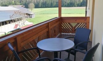 A cozy balcony with a round table and two chairs. In the background, green meadows and trees can be seen.