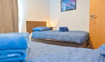 A bright bedroom with two beds and blue bedding. A picture of mountains hangs on the wall, and a door leads outside.