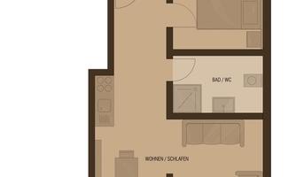 Floor plan of an apartment with two bedrooms, a bathroom, and a living area. There is a balcony and an entrance area.