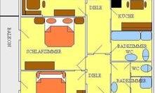 An apartment floor plan with various rooms such as bedroom, kitchen, and living room. The arrangement of the furniture is sketched out and the area is approximately 100 m².