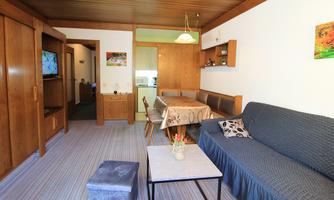 A cozy apartment with wooden furniture and a dining area. The room features a sofa and a table with flowers.