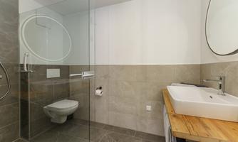 A modern bathroom with a walk-in shower and a wooden sink. The walls are in neutral colors.
