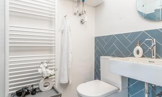 A modern bathroom with blue tiles and an elegant sink. There is a towel holder, a plant, and a large mirror.