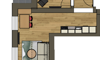 A floor plan of a panoramic suite with one bedroom, bathroom, and living area. Two balconies are drawn: a western balcony and a southern balcony.