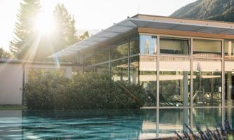 A modern building with large window fronts and a pool in the foreground. In the garden, lavender is blooming and the sun is gently shining through the trees.