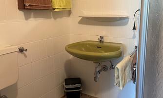 A small bathroom with a green washbasin and a shower. Colored towels hang on the wall, and a rug creates a cozy atmosphere.