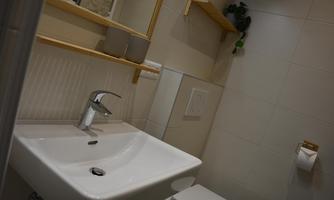A modern bathroom with a white sink and wooden shelves. The walls are light-tiled and there are plants for a pleasant atmosphere.