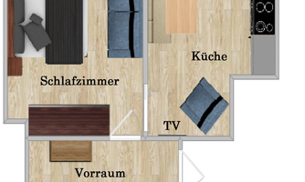 An apartment overview with a balcony, a bedroom, a kitchen, and a bathroom. The rooms are clearly labeled and show a practical layout.