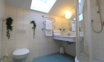 A modern bathroom with white tiles and a shower area. The decor includes towels, plants, and a large skylight.