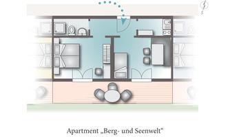 A floor plan of the apartment "Mountain and Lake World". The layout shows various living areas, including bedroom and kitchen.
