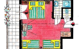A floor plan drawing of a room with two beds, a bathroom, and a small balcony. The walls are outlined in black, and the floor is laid out in red.