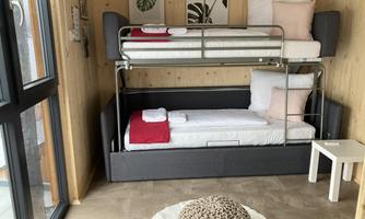A cozy sleeping area with a bunk bed and a single bed. The walls are decorated with plant pictures and the room has large windows for plenty of light.