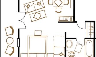 A simple floor plan drawing of a living space. The room includes a seating area, a table, and a kitchen.