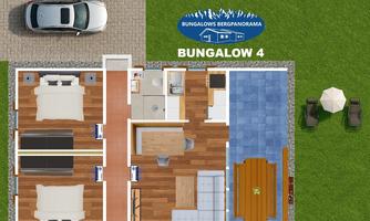 A floor plan sketch of a bungalow with two bedrooms, a bathroom, and an open living area. Outside, there is a terrace with a table and chairs as well as a small pool.