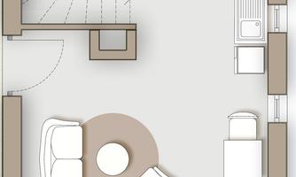 A clear floor plan of an apartment with a living room, a kitchen, and a bathroom. The furniture is simply arranged and provides a cozy atmosphere.