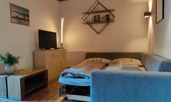 A cozy living room with a sofa bed, a television, and modern wall decor. The room features bright wood details and a relaxing atmosphere.