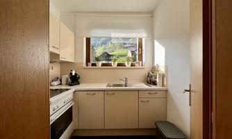 A bright, modern kitchen with wooden details and a window overlooking a green landscape. The equipment includes a stove, a sink, and various kitchen utensils.