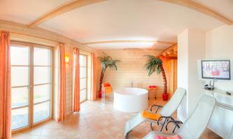 A modern wellness room with a round whirlpool and two loungers. Large windows let in plenty of light and the room has tropical plants.