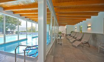 A bright indoor pool area with large windows and a wooden ceiling. Loungers are ready for relaxation.