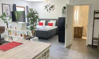A modern living environment with a cozy bed, a television, and a small kitchenette. In the background, there is a bathroom with a bright design.