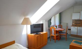 A bright room with a sloping roof, equipped with a television, a table, and chairs. The decor is simple and cozy, with a window that lets in natural light.