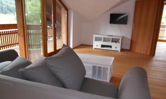 A bright living space with large windows and wooden flooring. In the foreground, a gray sofa, and in the background, a television as well as a table.