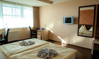A cozy hotel room with two single beds and a desk. A television and a mirror are also available.