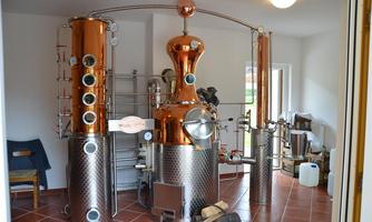 A modern distillery with shiny copper parts and stainless steel. The space is bright and tidy, with a wooden chair and some equipment in the background.