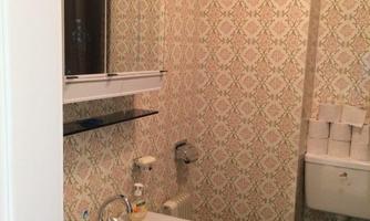A small bathroom with an ornate wallpaper. There is a sink, a mirror, and a toilet.