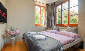 A cozy bedroom with a double bed and two large windows. A television with the Netflix logo hangs on the wall.