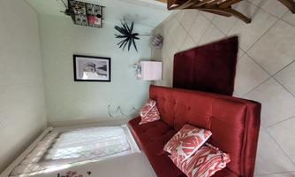 A modern living room with a red sofa and colorful pillows. Pictures hang on the wall and a plant is in the corner.