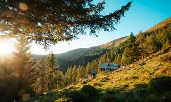 A picturesque mountain landscape with a wooden cabin, surrounded by trees and gentle hills. The sun is shining brightly, illuminating the scene.