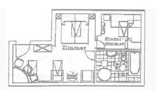 A floor plan of an apartment with two rooms. The large room and a children's room are clearly visible, along with a bathroom and toilet.
