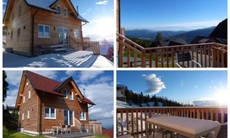 A cozy wooden house in picturesque mountain scenery. The sunny terrace offers a magnificent view of the surroundings.