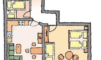 A schematic floor plan of an apartment with various rooms. The rooms are sketched with furniture and kitchen units.