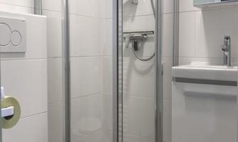 A modern bathroom with a shower cabin and a toilet. There is a washing area with a sink.