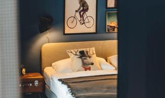 A modern bedroom with a cozy bed and colorful wall pictures. The room has a relaxed atmosphere and a stylish look.