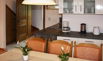 A cozy kitchen with a dining table and chairs. On the countertop are some kitchen appliances and plants.