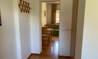 A bright hallway with wooden flooring. In the background, a living room is visible with a couch and a dining table.