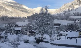 A beautiful winter landscape with snow-covered trees and a clear sky. In the background, houses and snow-covered mountains can be seen.