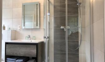 A modern bathroom with a shower cubicle and a washbasin. The decor is simple and easy to maintain, with neutral tones.