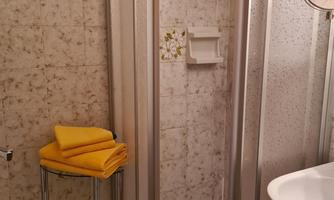 A bathroom with a shower separated by glass walls. Next to the shower, yellow towels are on a steel rack.