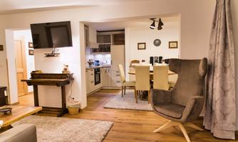 A modern apartment with a cozy living area and an open kitchen. The space is bright and inviting, with hardwood floors and stylish furniture.