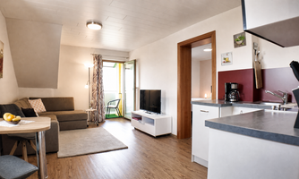 A modern apartment with a cozy living area and a small kitchen. Kitchen, cozy couch, television, and access to a balcony.