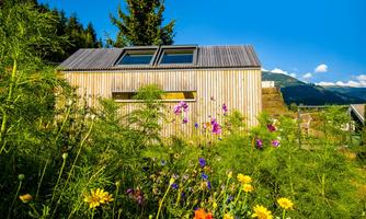 A small wooden house surrounded by colorful flowers and green grass. The clear blue sky and the gentle mountains in the background create an idyllic atmosphere.