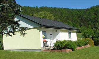 A modern house in a green environment. The garden is well-maintained and there are trees in the background.