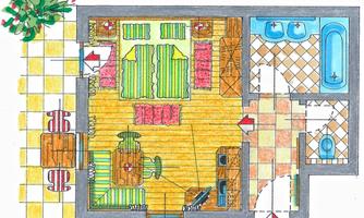 A colorful floor plan drawing of a living space with furniture and a bathroom. The room features a cozy arrangement with a dining area, living room, and access to the bathroom.