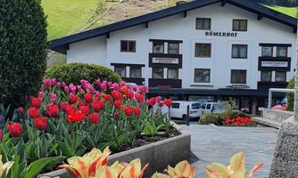 A pretty hotel amidst blooming tulips with a picturesque mountain in the background. The landscape is green and inviting, ideal for a relaxing stay.
