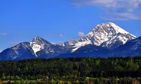 A majestic mountain with snow-capped peaks and clear blue skies. Below, a green forest stretches out.